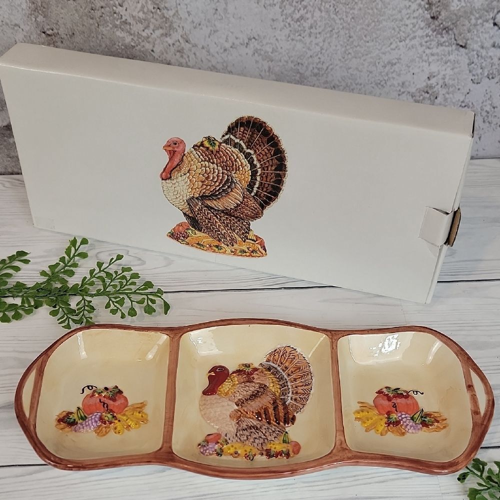 Burton Tom Turkey 3 Section Ceramic Serving Platter 14" X 6"